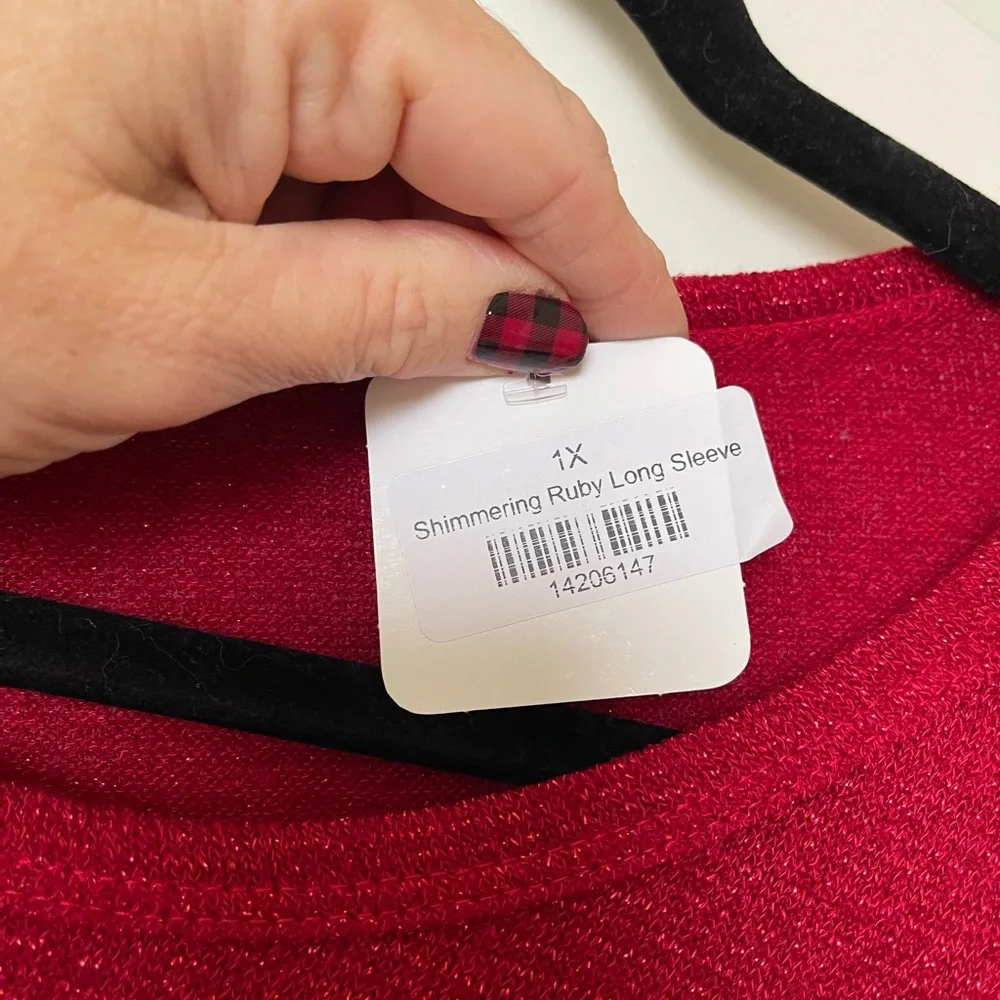 Christmas Holiday party Hesed shimmering ruby, long sleeve, dressy, top - Picture 3 of 11